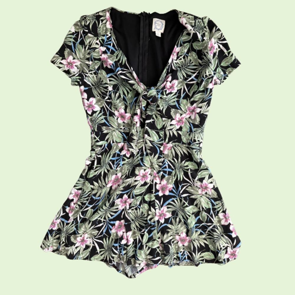 Blue Rain Black Tropical Floral Tie Front Plunge Romper Womens Small